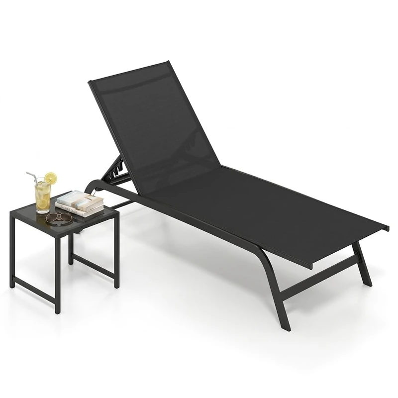 RELAX4LIFE 2 Set Fabric Sun Lounger with Side Table (Black)