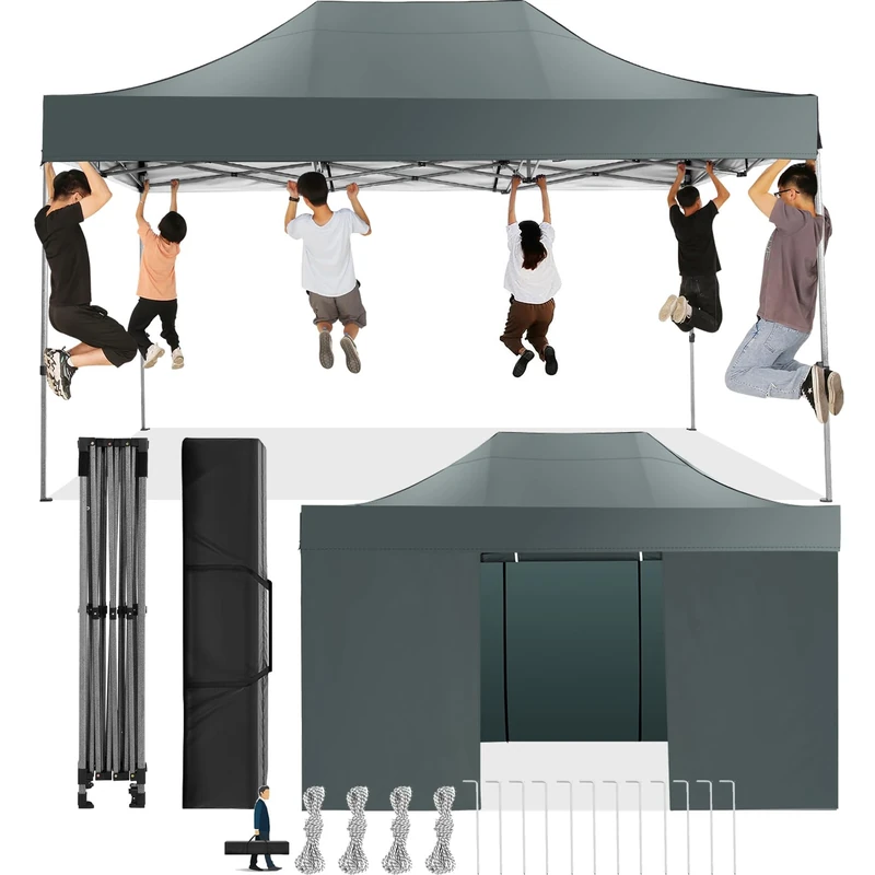 COBIZI 3 x 4.5 cm Waterproof Folding Gazebo with Side Wall, Outdoor Heavy Duty Gazebo Tents, Pop Up Pavilion Tent for Camping Parties (3 x 4.5 m, Grey)
