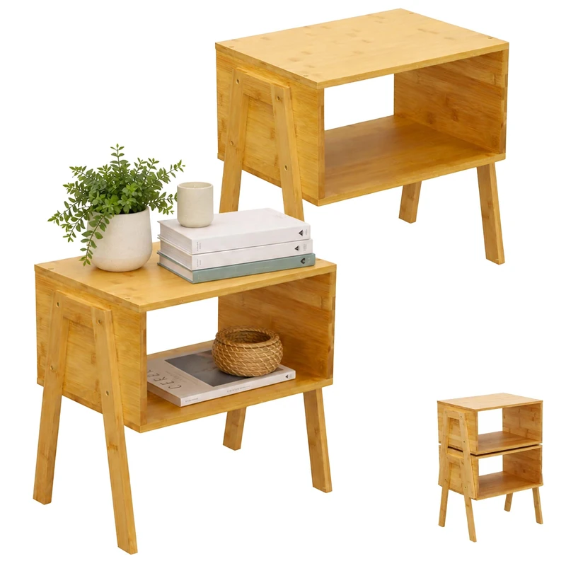 Relaxdays bedside table, set of 2, bamboo, stackable, open shelf, natural