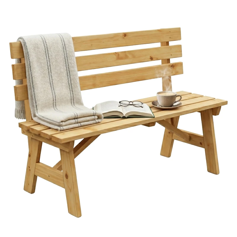 Relaxdays 2-seater garden bench with backrest, natural finish for patio