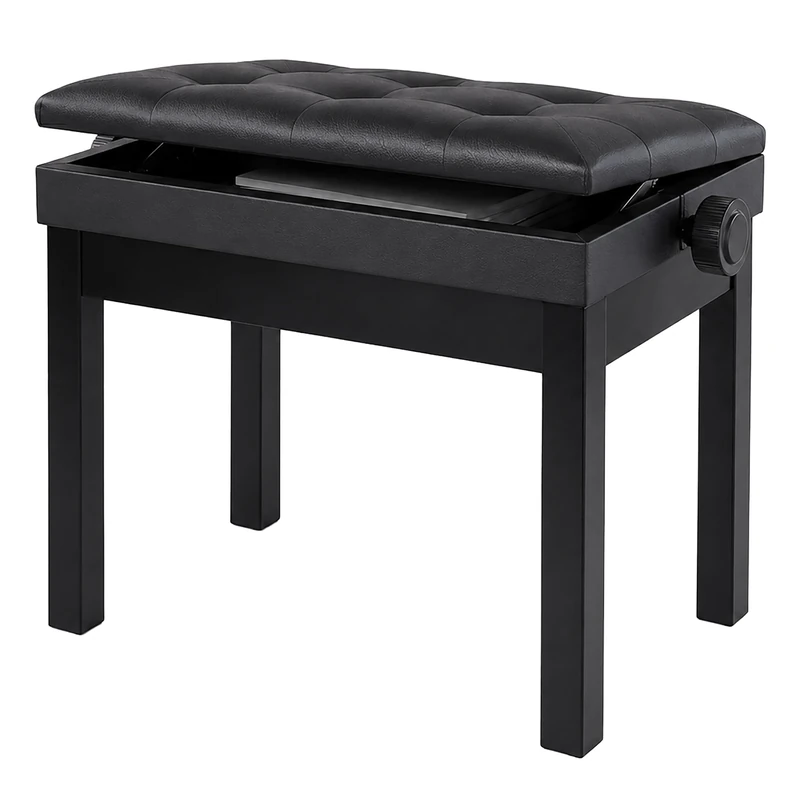 Relaxdays piano stool, height-adjustable, HxWxD: 48–58 x 55 x 33 cm, with storage, wood, faux leather, black - Image 1
