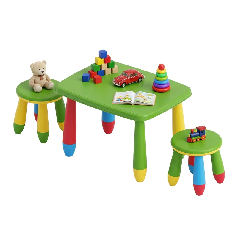 Relaxdays children's seating set: 1 table, 2 stools, wipe-clean, colourful