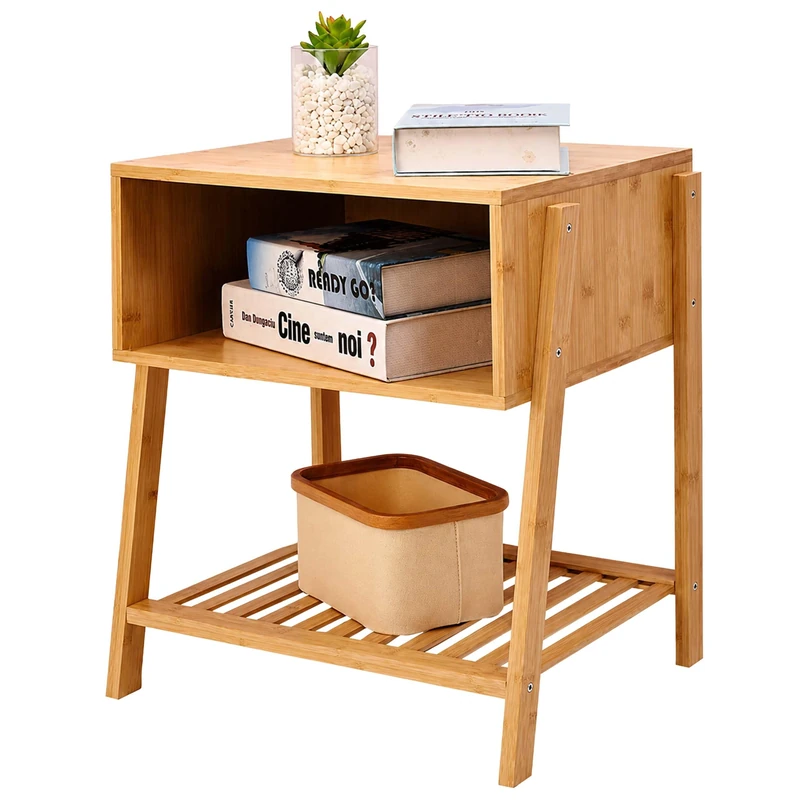 Relaxdays bedside table, bamboo, open compartment, mesh shelf, natural
