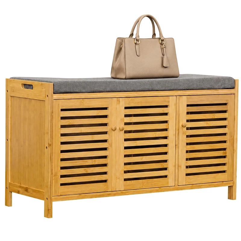 Relaxdays Shoe Bench, padded seat, bamboo, 3 compartments, natural/grey