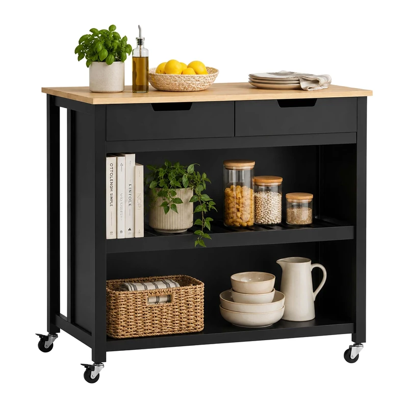 Relaxdays kitchen trolley, worktop, 2 drawers, 2 compartments, black/wood