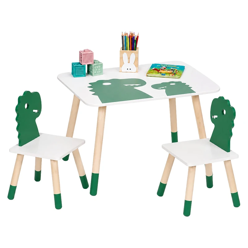 Relaxdays kids seating set, dinosaur design, table & chairs, white/green