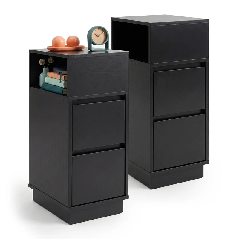 Relaxdays bedside table, set of 2, 2 drawers, 1 open compartment, black