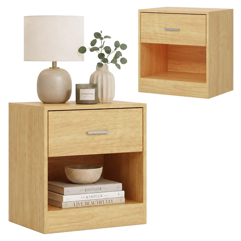 Relaxdays bedside table, drawer & open shelf, HxWxD 41x39x28 cm, natural
