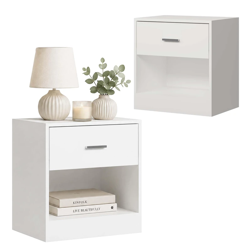 Relaxdays Bedside Table 2-pack, drawer & open shelf, H41xW39xD28cm, white