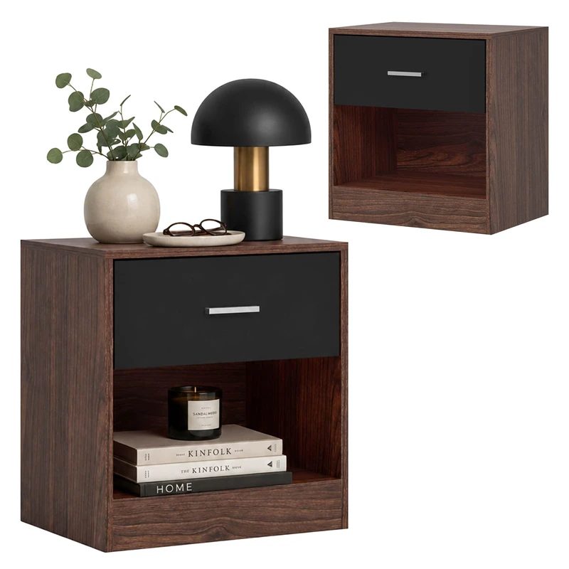 Relaxdays Bedside Table Set of 2, Drawer, Open Shelf, Brown-Black