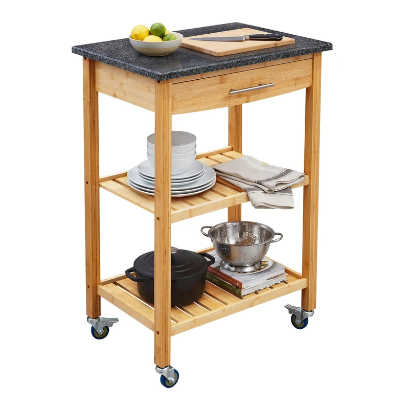 Relaxdays Kitchen Trolley, Granite Top, Drawer, 2-tier, Natural/Anthracite