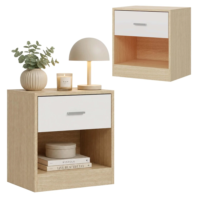 Relaxdays Bedside Table Set of 2, Drawer, Open Shelf, Natural White