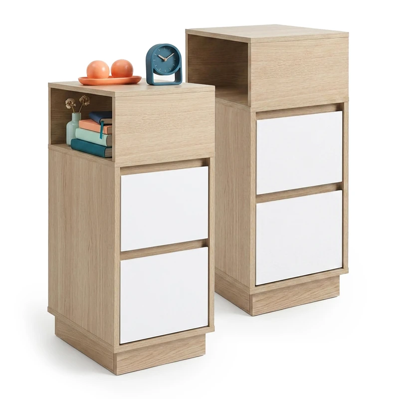 Relaxdays pair of bedside tables, 2 drawers, 1 open shelf, natural/white