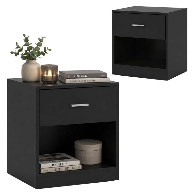 Relaxdays Bedside Table Set of 2, Drawer, Open Shelf, Black