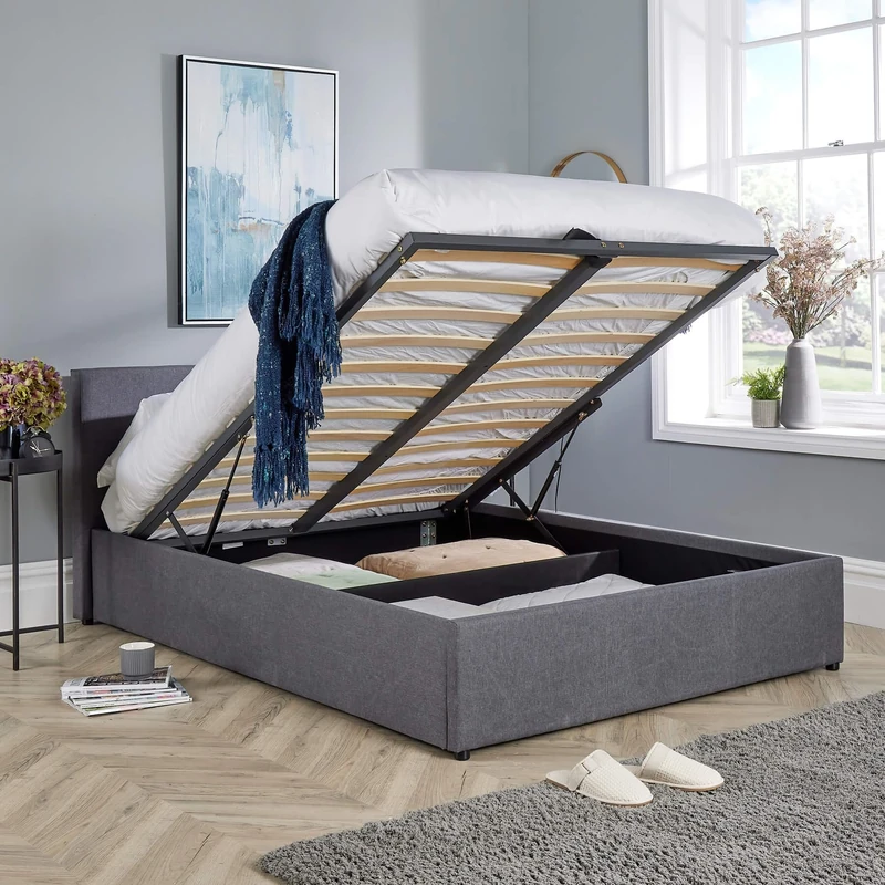 Home Source King 5ft End Gas Lift Fabric Ottoman Storage Bed, Grey