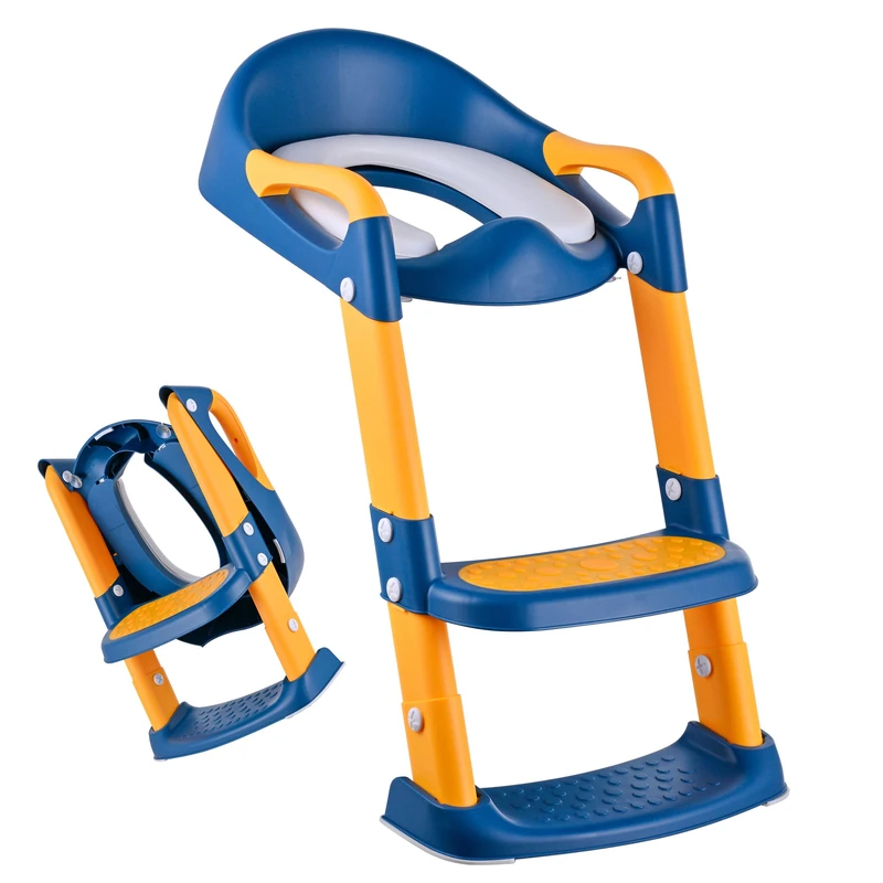 Relaxdays Children's Toilet Seat with Steps, 39–45 cm Adjustable, Foldable, Cushioned, Toilet Trainer, Blue/Yellow