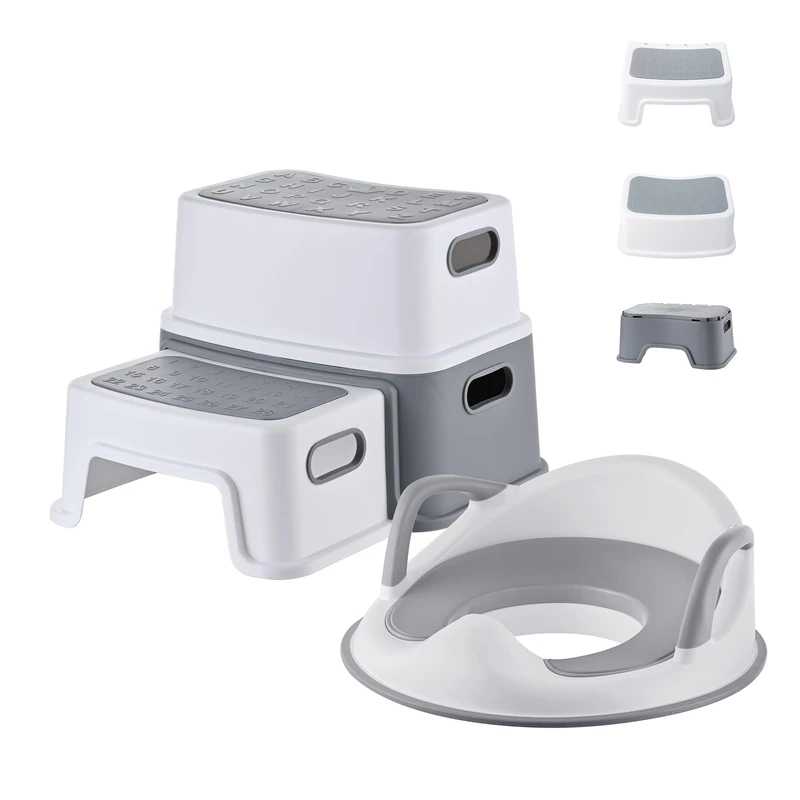 Relaxdays Children's Toilet Seat with Step Stool, Handles & Backrest, 2-in-1 Set, Non-Slip, PP, Grey-White - Image 1