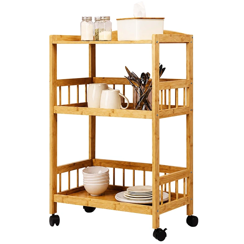 Relaxdays Serving Trolley, Bamboo, HxWxD: 80 x 53 x 30 cm, 3 tiers, natural