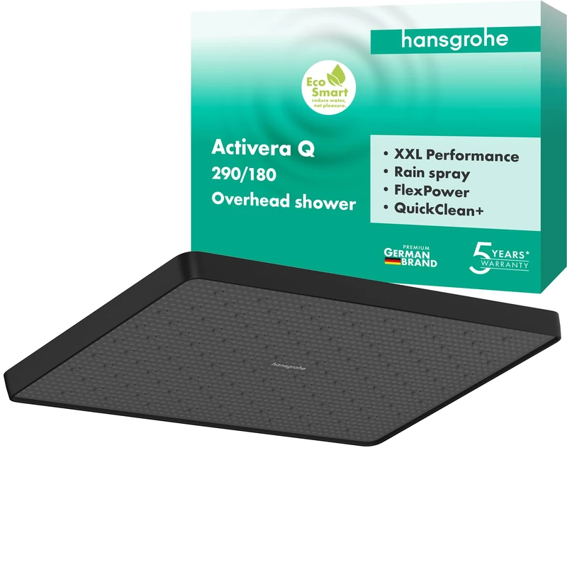 hansgrohe Activera Q - Water-Saving Head Shower (EcoSmart), Rainfall Shower Head (290 x 180 mm), 1 Spray, for wall or Ceiling mounting, Anti-limescale, matt Black, 28738670