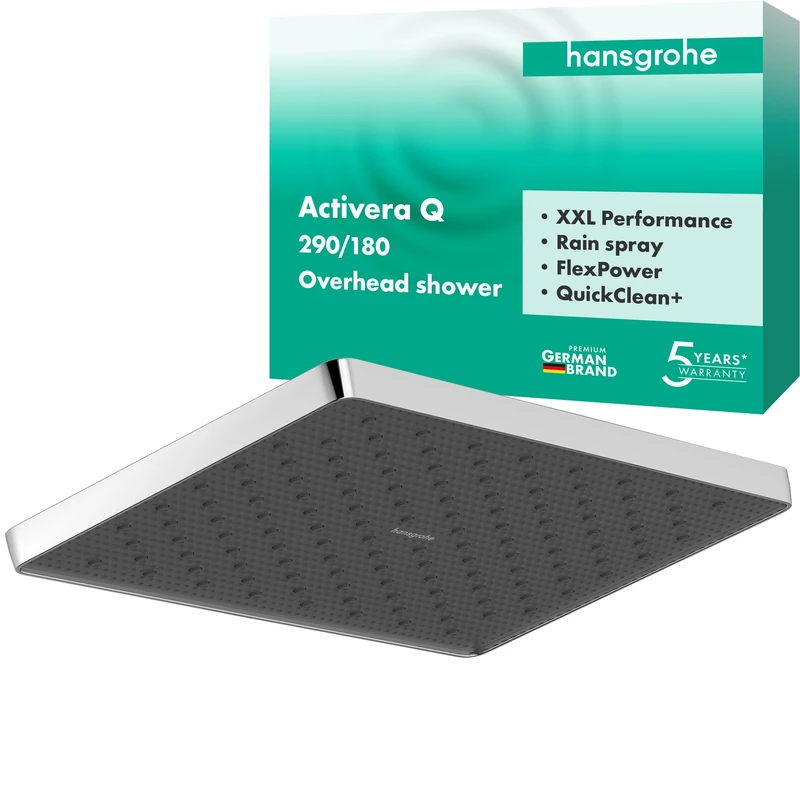 hansgrohe Activera Q - Head Shower, Rainfall Shower Head (290 x 180 mm), 1 Spray, for wall or Ceiling mounting, Anti-limescale, Chrome, 28737000