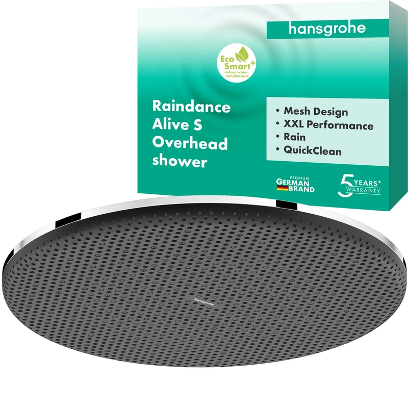 hansgrohe Raindance Alive S - Water-Saving Head Shower (EcoSmart+), Rainfall Shower Head (300 mm), 1 Spray, for wall or Ceiling mounting, Anti-limescale, Chrome, 24523000
