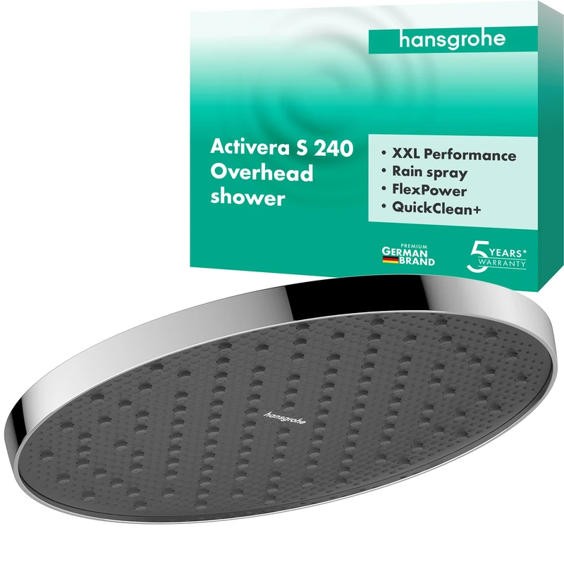 hansgrohe Activera S - Head Shower, Rainfall Shower Head (240 mm), 1 Spray, for wall or Ceiling mounting, Anti-limescale, Chrome, 28055000