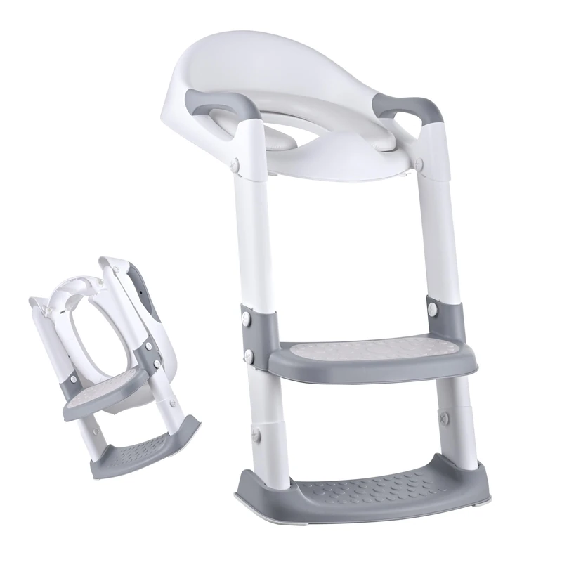 Relaxdays Kids' Toilet Seat with Steps, Height-Adjustable 39–45 cm, Foldable, Padded seat, Toilet Trainer, Grey/White - Image 1