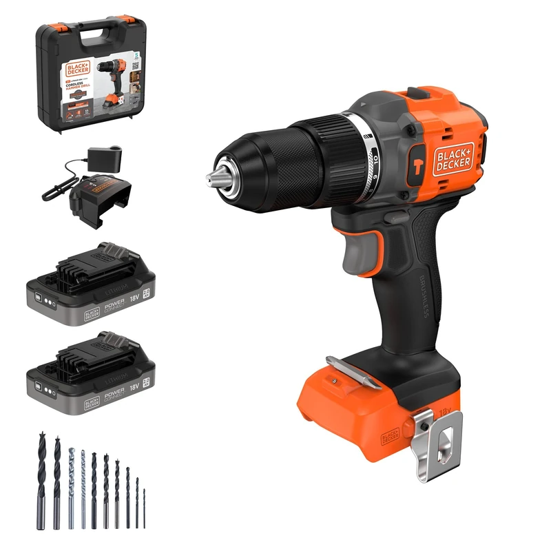 BLACK+DECKER 18V Brushless Cordless Hammer Drill & 2 Batteries, BLD783D2KA