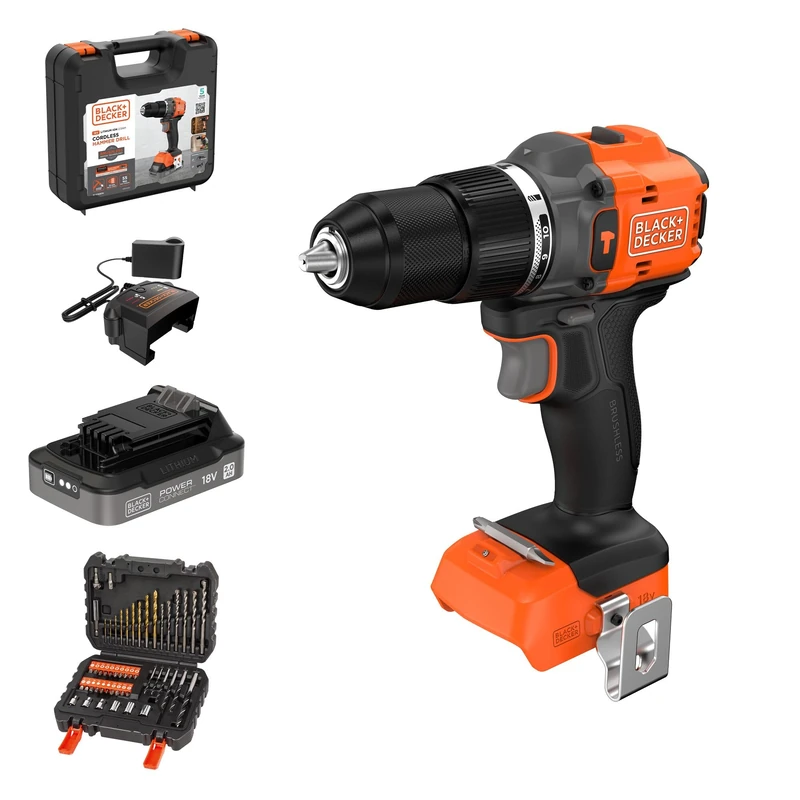 BLACK+DECKER 18V Brushless, Cordless Hammer Drill with 2.0Ah Battery, Charger, 50 Accessories & Carry Case, BLD783D1KA-GB