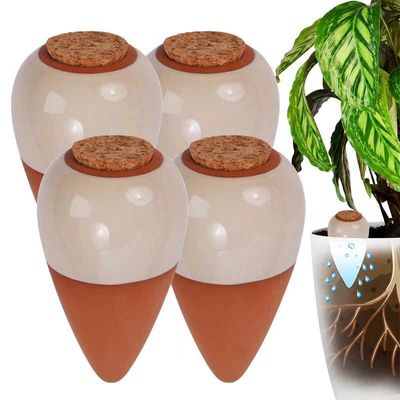 Relaxdays Clay Watering Cones, set of 4, 350 ml, terracotta/beige