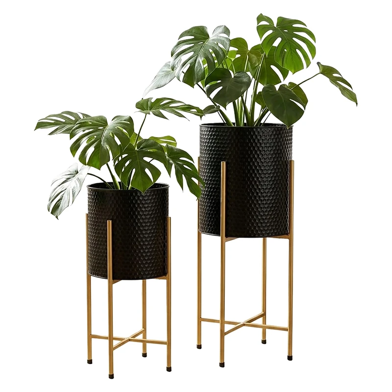 Relaxdays Plant Stand, Set of 2, Metal, 2 Sizes, Black/Gold