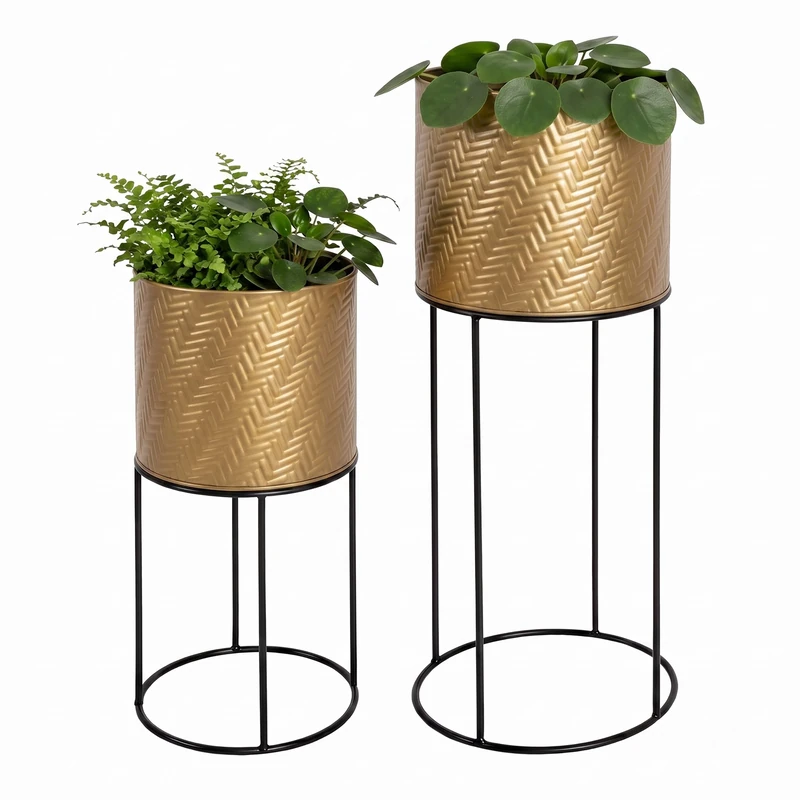 Relaxdays Plant Stand Set of 2, Galvanised Iron, 2 Sizes, Black/Gold