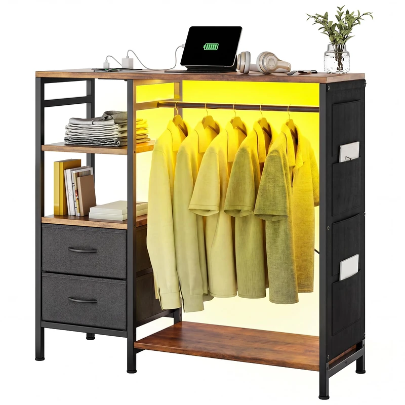 YITAHOME Coat Rack with Fabric Drawers, Hall Tree with RGB LED Light Strip and Power Strip, Floor Standing Coat Stand with Hooks and Storage, Fabric Drawer Storage Cabinet with Adjustable Lighting