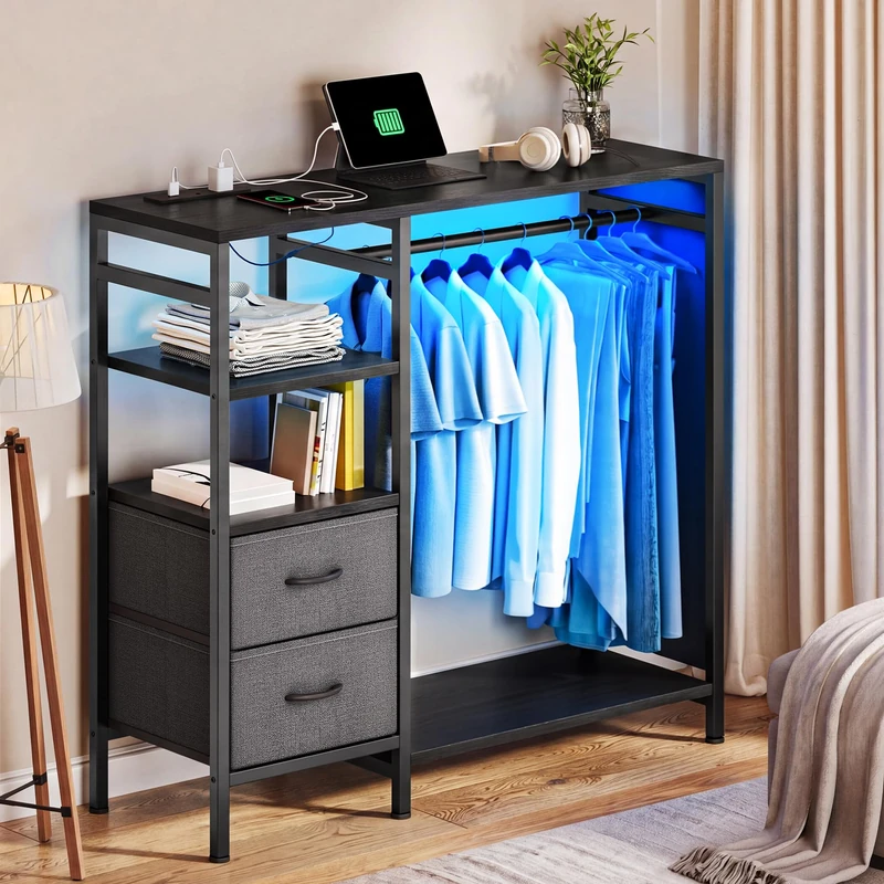 YITAHOME Coat Rack with Fabric Drawers, Hall Tree with RGB LED Light Strip and Power Strip, Floor Standing Coat Stand with Hooks and Storage, Fabric Drawer Storage Cabinet with Adjustable Lighting