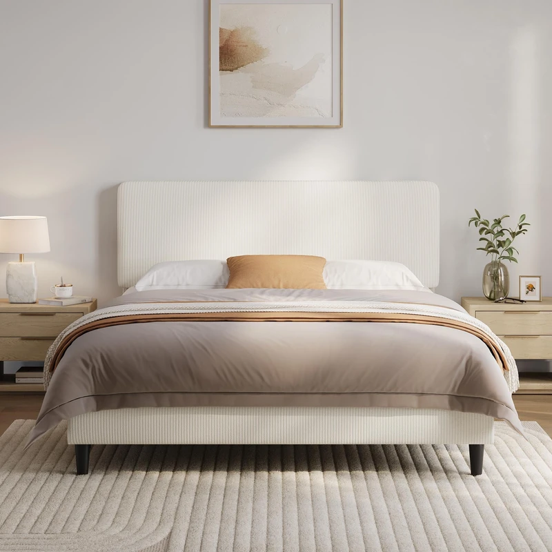 Yaheetech Chenille Upholstered King Bed Frame 150×200cm Beige Fabric Bed