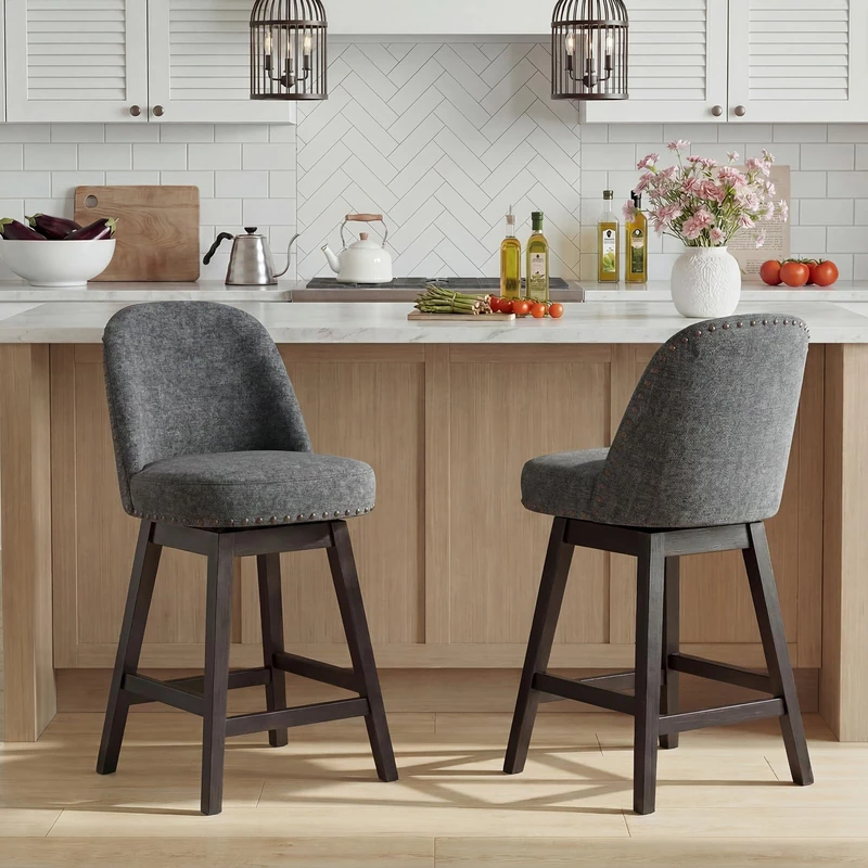 Bar Stools Set of 2, 360° Swivel Counter Stools with Upholstered Seat, Wooden Frame & Nailhead Trim, Kitchen Breakfast Bar Chairs with Backrest for Kitchen Island, Dining Room, Home Bar,Dark Grey