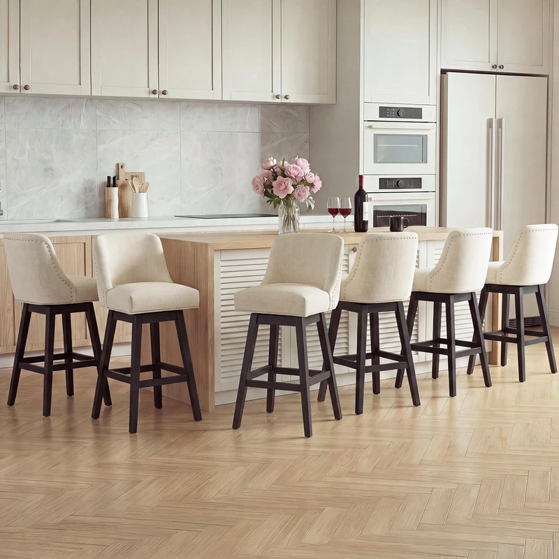 Bar Stools Set of 6, 360° Swivel Upholstered Counter Stools with Back, Wooden Frame Kitchen Bar Chairs with Nailhead Trim, Counter Height for Kitchen Island, Breakfast Bar, Dining Room,Beige