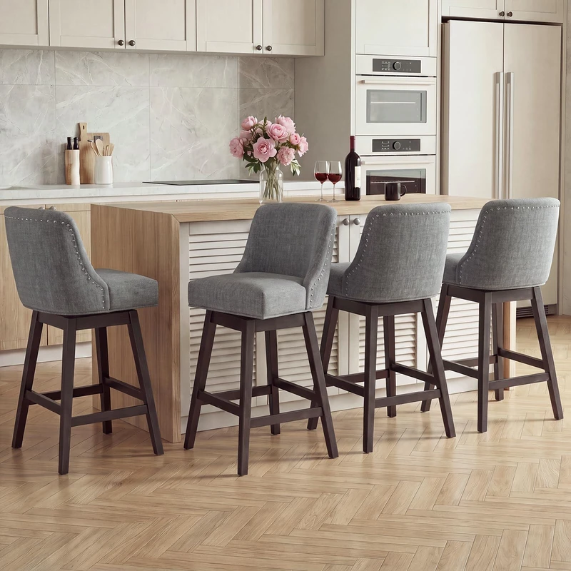 Bar Stools Set of 4, 360° Swivel Upholstered Counter Stools with Back, Wooden Frame Kitchen Bar Chairs with Nailhead Trim, Counter Height for Kitchen Island, Breakfast Bar, Dining Room,Dark Grey