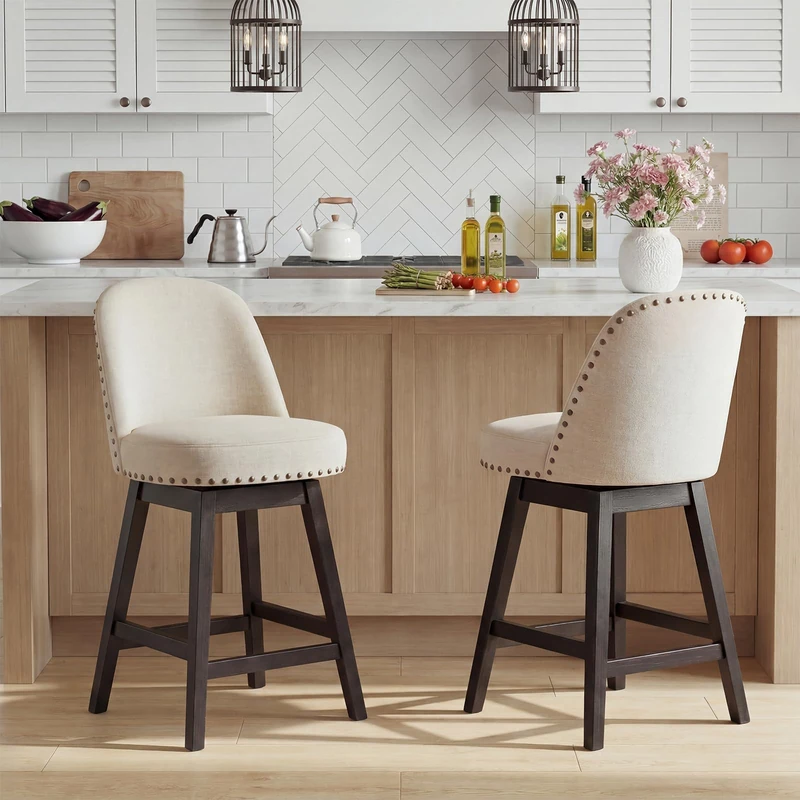 Bar Stools Set of 2, 360° Swivel Counter Stools with Upholstered Seat, Wooden Frame & Nailhead Trim, Kitchen Breakfast Bar Chairs with Backrest for Kitchen Island, Dining Room, Home Bar,Beige