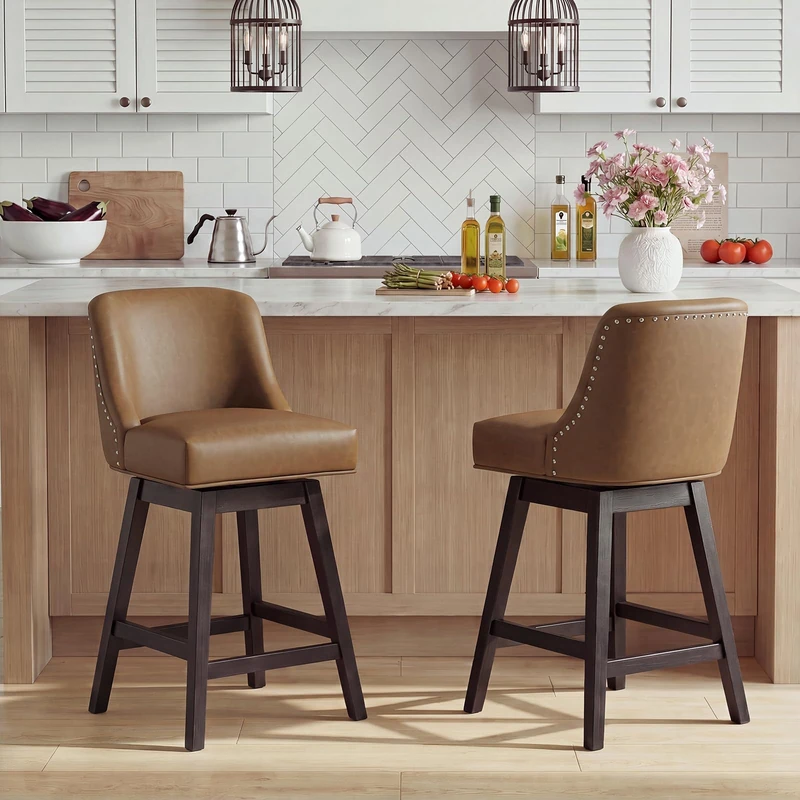 Bar Stools Set of 2, 360° Swivel Upholstered Counter Stools with Back, Wooden Frame Kitchen Bar Chairs with Nailhead Trim, Counter Height for Kitchen Island, Breakfast Bar, Dining Room,Brown - Image 1