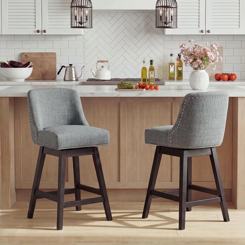 Bar Stools Set of 2, 360° Swivel Upholstered Counter Stools with Back, Wooden Frame Kitchen Bar Chairs with Nailhead Trim, Counter Height for Kitchen Island, Breakfast Bar, Dining Room,Dark Grey - Image 1