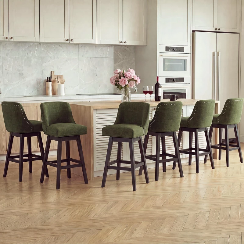 Bar Stools Set of 6, 360° Swivel Upholstered Counter Stools with Back, Wooden Frame Kitchen Bar Chairs with Nailhead Trim, Counter Height for Kitchen Island, Breakfast Bar, Dining Room,Green