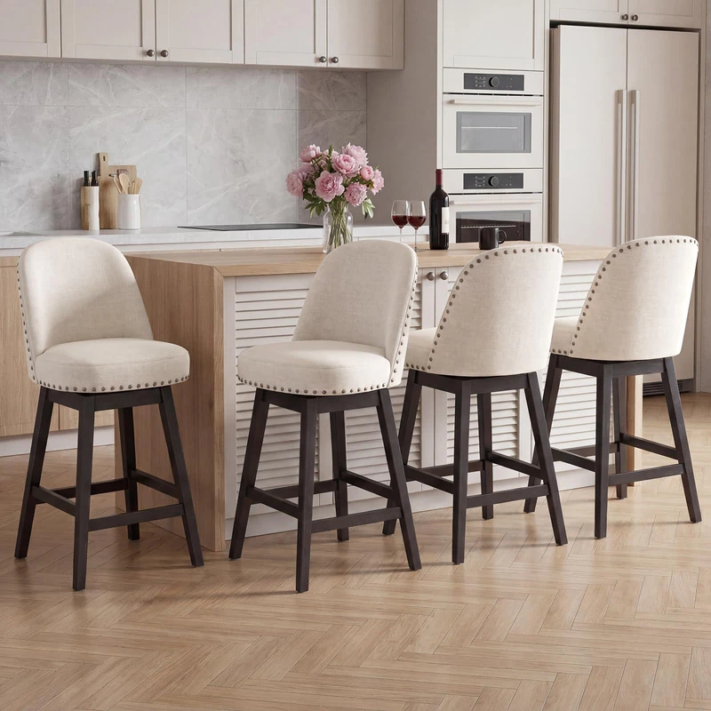 Bar Stools Set of 4, 360° Swivel Counter Stools with Upholstered Seat, Wooden Frame & Nailhead Trim, Kitchen Breakfast Bar Chairs with Backrest for Kitchen Island, Dining Room, Home Bar,Beige