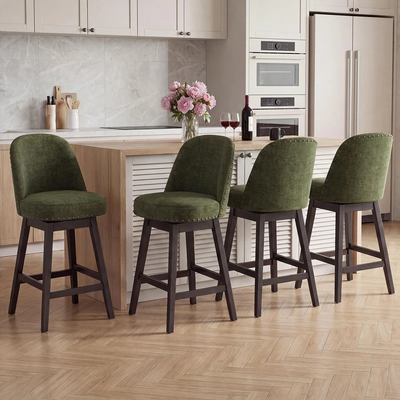 Bar Stools Set of 4, 360° Swivel Counter Stools with Upholstered Seat, Wooden Frame & Nailhead Trim, Kitchen Breakfast Bar Chairs with Backrest for Kitchen Island, Dining Room, Home Bar,Green