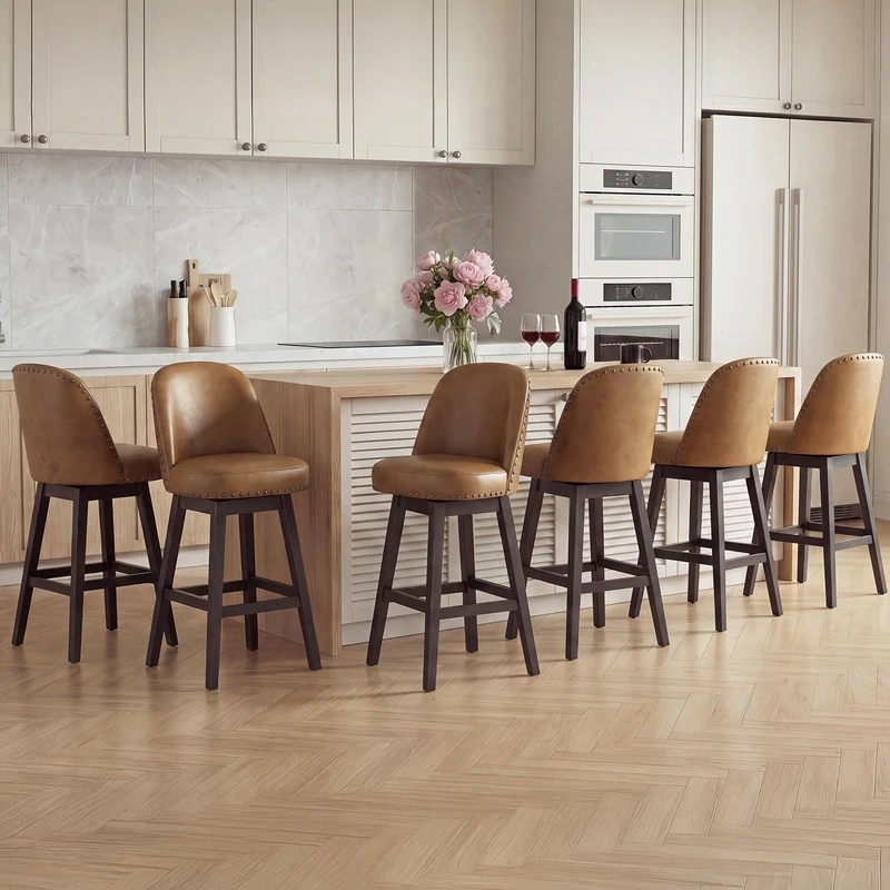 Bar Stools Set of 6, 360° Swivel Counter Stools with Upholstered Seat, Wooden Frame & Nailhead Trim, Kitchen Breakfast Bar Chairs with Backrest for Kitchen Island, Dining Room, Home Bar,Brown