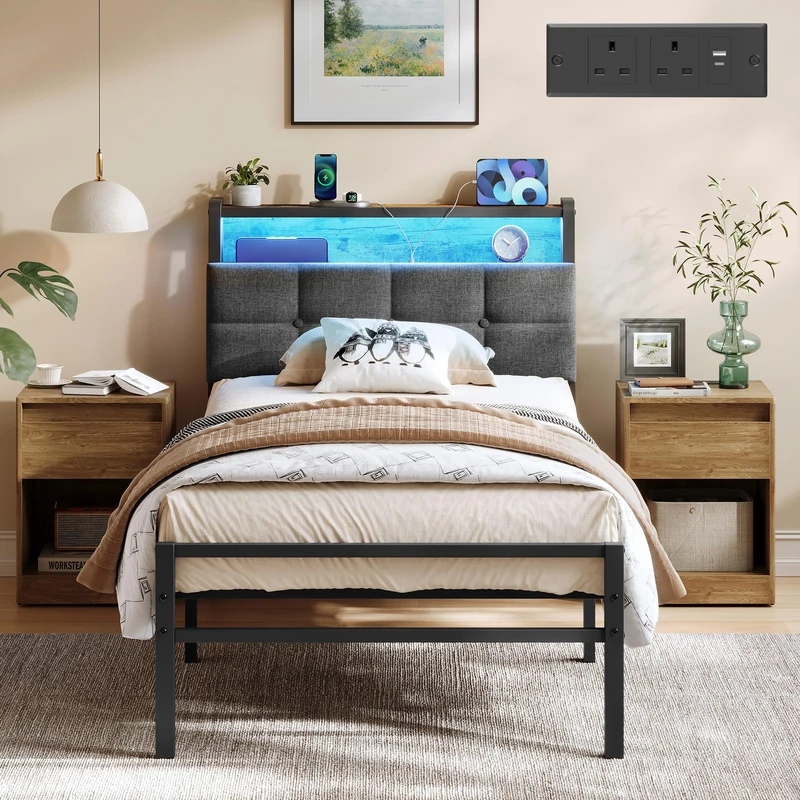 VASAGLE Single Wooden Bed Frame with LED Lights and Charging Station