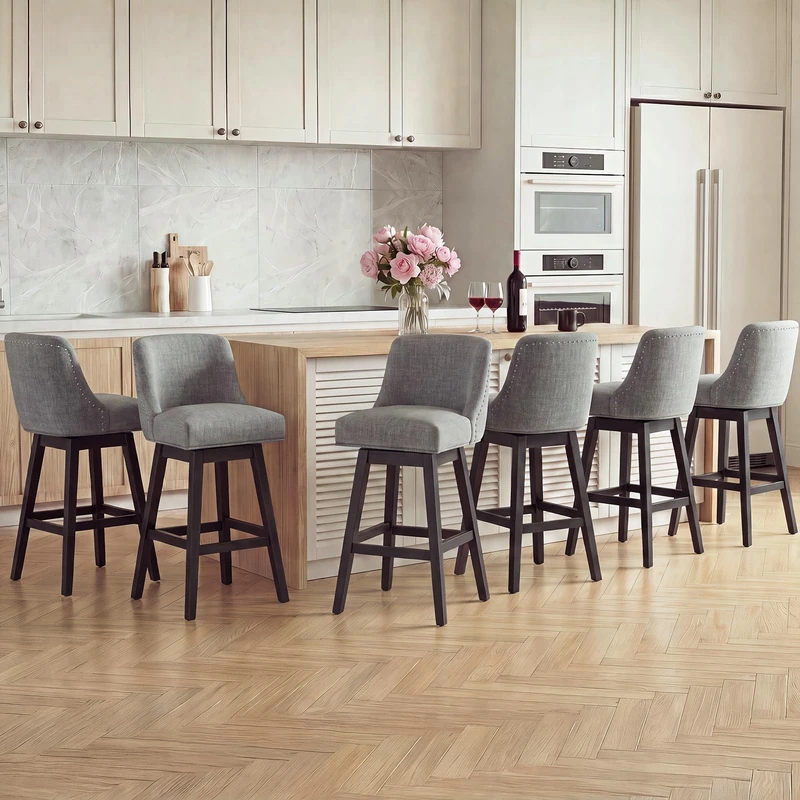 Bar Stools Set of 6, 360° Swivel Upholstered Counter Stools with Back, Wooden Frame Kitchen Bar Chairs with Nailhead Trim, Counter Height for Kitchen Island, Breakfast Bar, Dining Room,Dark Grey