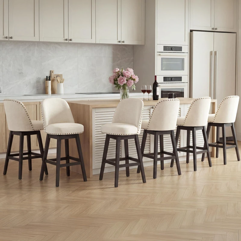 Bar Stools Set of 6, 360° Swivel Counter Stools with Upholstered Seat, Wooden Frame & Nailhead Trim, Kitchen Breakfast Bar Chairs with Backrest for Kitchen Island, Dining Room, Home Bar,Beige