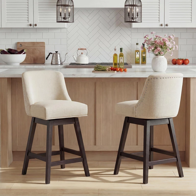 Bar Stools Set of 2, 360° Swivel Upholstered Counter Stools with Back, Wooden Frame Kitchen Bar Chairs with Nailhead Trim, Counter Height for Kitchen Island, Breakfast Bar, Dining Room,Beige