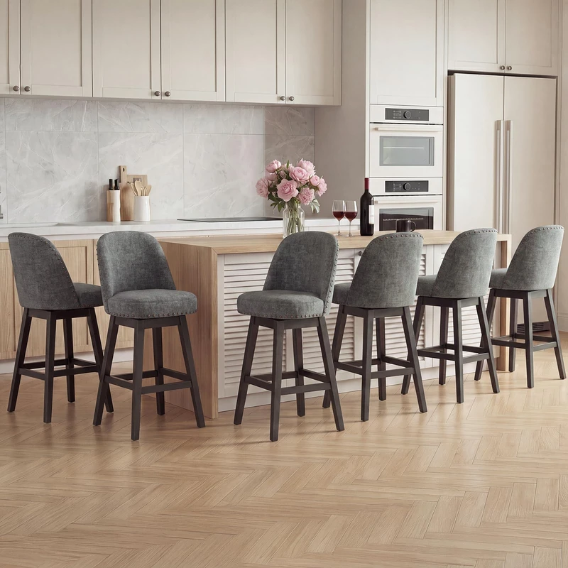 Bar Stools Set of 6, 360° Swivel Counter Stools with Upholstered Seat, Wooden Frame & Nailhead Trim, Kitchen Breakfast Bar Chairs with Backrest for Kitchen Island, Dining Room, Home Bar,Dark Grey